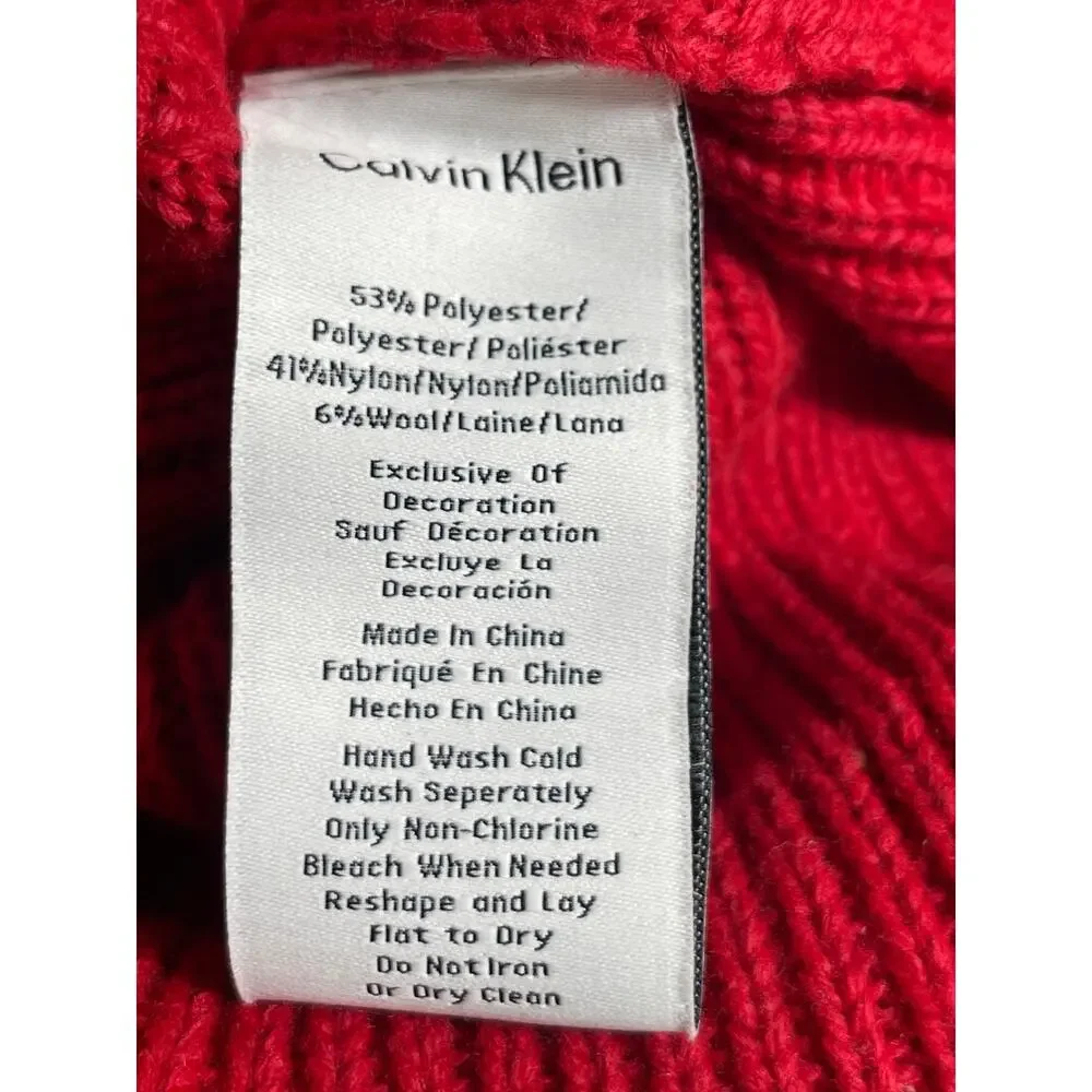 Calvin Klein Women's Red Wool Ribbed Knit Cuffed Logo Winter Beanie Hat OS